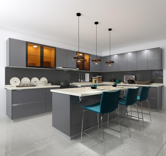 High Gloss Lacquer Kitchen Cabinet with Quartz Countertop