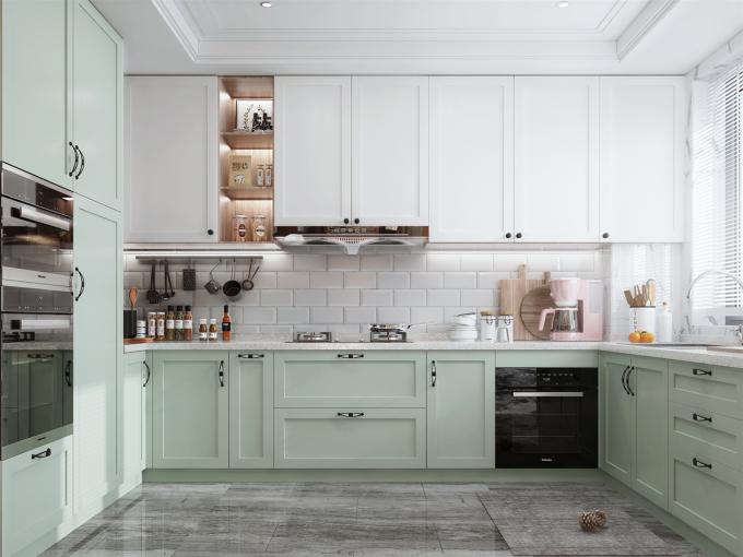 Modern Green MDF Kitchen Cabinets with Quartz Countertops