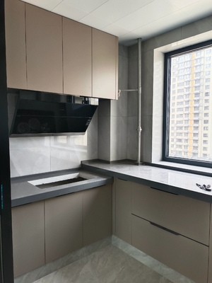 Melamine Kitchen Cabinet with Aluminum Handle & Quartz Countertop