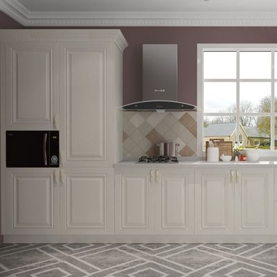Classical White Wood Kitchen Base Cabinet with Brushed Nickel Hardware