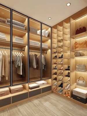OEM Sliding door Modern Walk In Wardrobe Solutions Walnut Style