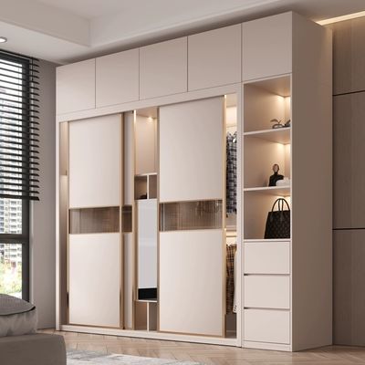 Laminate Sliding Door with Drawers Walnut Wardrobe Closet 200cm Wide