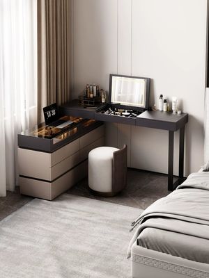 Custom Upholstered Dark Wood Dressing Table Bedroom Makeup Vanity