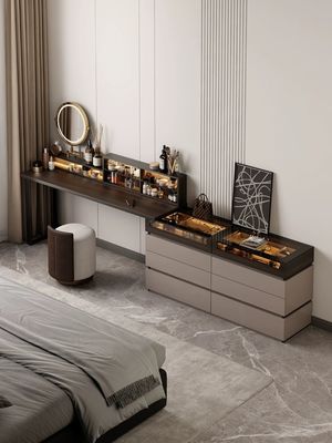 Custom Upholstered Dark Wood Dressing Table Bedroom Makeup Vanity