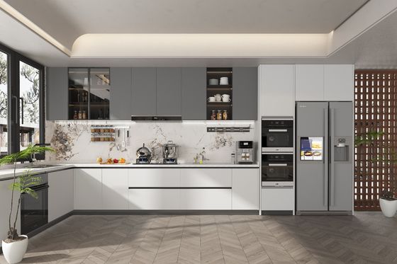 Customized Melamine Lacquer Furniture With Quartz Countertop Kitchen Cabinet