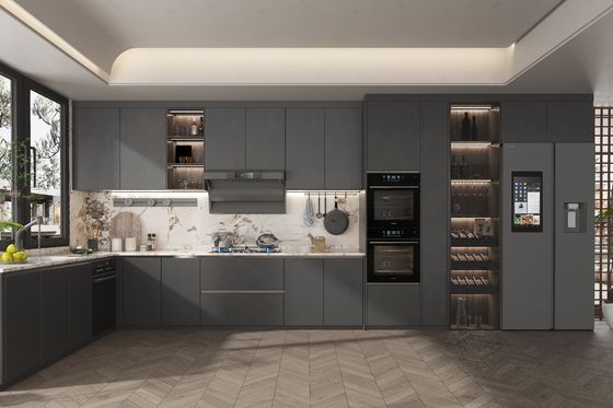 Customized Melamine Lacquer Furniture With Quartz Countertop Kitchen Cabinet