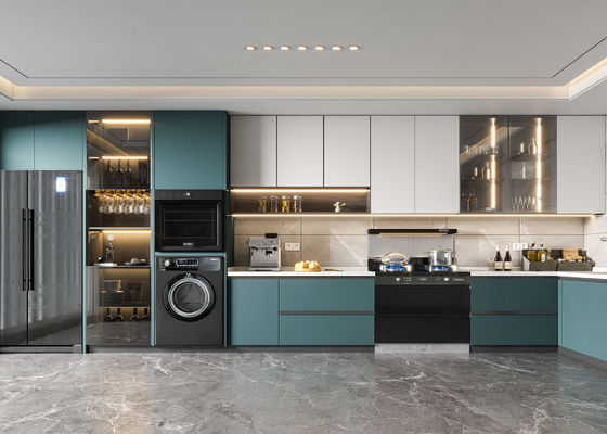 Manufacturer Kitchen Cupboards With PVC Membrane Door Panels And Backsplash