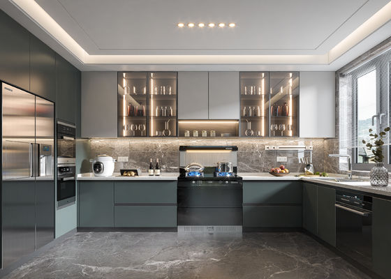 Manufacturer Kitchen Cupboards With PVC Membrane Door Panels And Backsplash