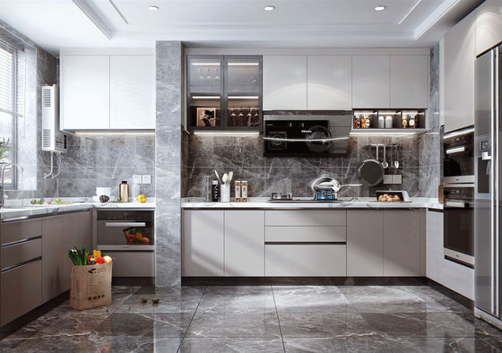 Modern White Marble Kitchen Cabinet With Solid Wood Doors