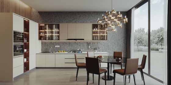 Steel Handleless Lacquer PVC Kitchen Cabinet With Big Island For Restaurant