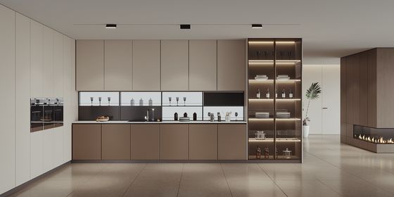 Steel Handleless Lacquer PVC Kitchen Cabinet With Big Island For Restaurant