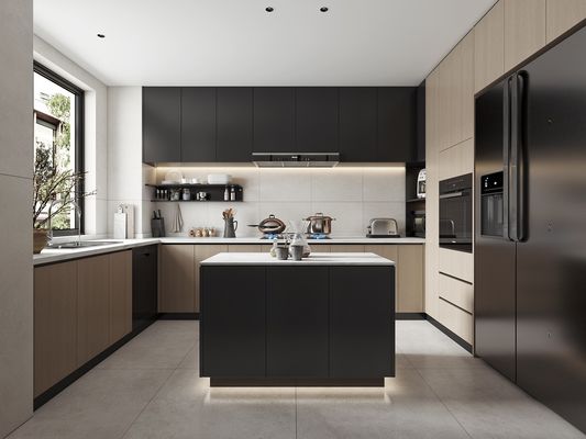 Steel Handleless Lacquer PVC Kitchen Cabinet With Big Island For Restaurant