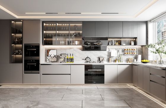 Handless Kitchen Cabinet Set Complete MDF Matt Wood Panel Stainless Steel Sink