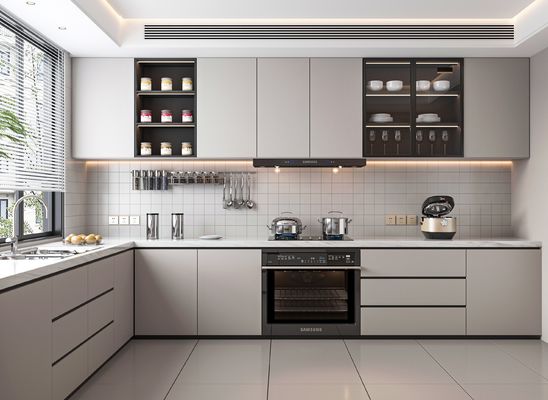 Handless Kitchen Cabinet Set Complete MDF Matt Wood Panel Stainless Steel Sink