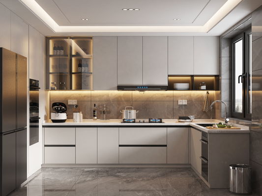 Handless Kitchen Cabinet Set Complete MDF Matt Wood Panel Stainless Steel Sink