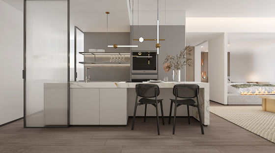 Modern Plywood Kitchen Cupboard Set HPL Fireproof Solid Wood Cabinet