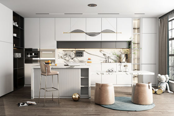 Modern Plywood Kitchen Cupboard Set HPL Fireproof Solid Wood Cabinet