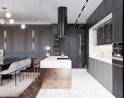 Modern Quartz Countertop Kitchen Cabinet With Island Oak Wood Kitchen Cabinet