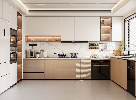Particle Board Modern Kitchen Cabinet For Apartment With Quartz Countertop