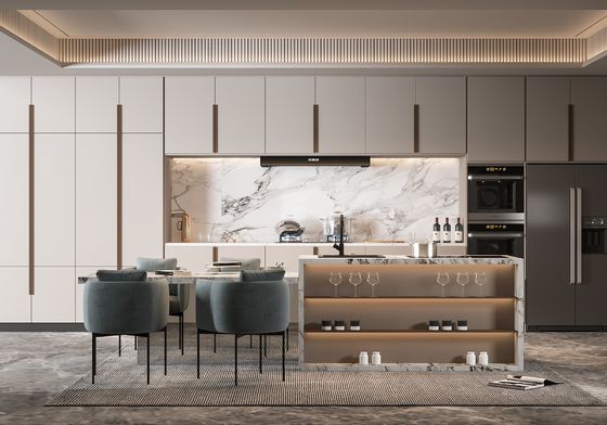 Matte Lacquer Finish Brown L&U Shape Wooden Furniture Of Kitchen Cupboard