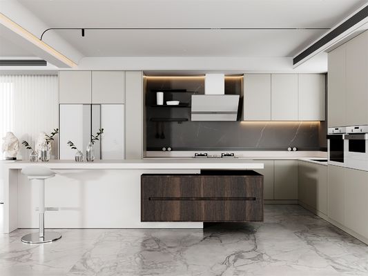 Matte Lacquer Finish Brown L&U Shape Wooden Furniture Of Kitchen Cupboard