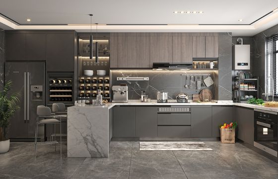 Matte Lacquer Finish Brown L&U Shape Wooden Furniture Of Kitchen Cupboard