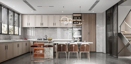 Matte Lacquer Finish Brown L&U Shape Wooden Furniture Of Kitchen Cupboard