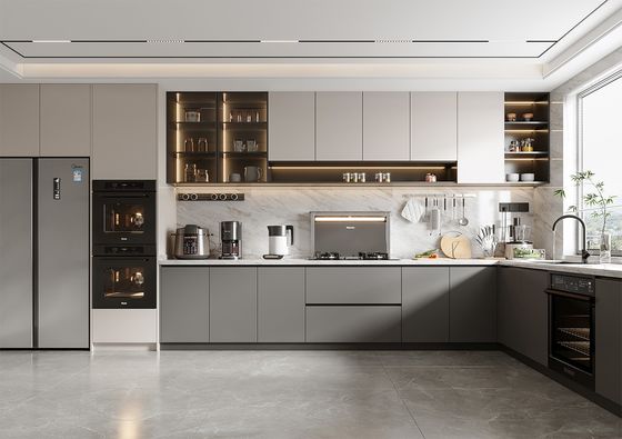 Modern Wood Grain Stone Surface Melamine Customized MDF Kitchen Cabinetry