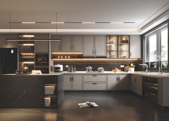 Modern Wood Grain Stone Surface Melamine Customized MDF Kitchen Cabinetry