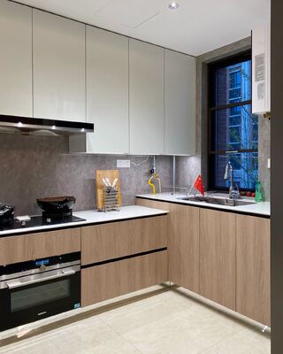 Apartment  Melamine Elegant European Kitchen Cabinet With Quartz Countertop