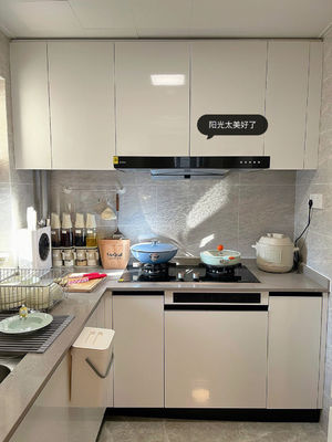 Contemporary HPL Fireproof Kitchen Cabinet Set with Brass and Soft Closing Sliders Blum Hinges
