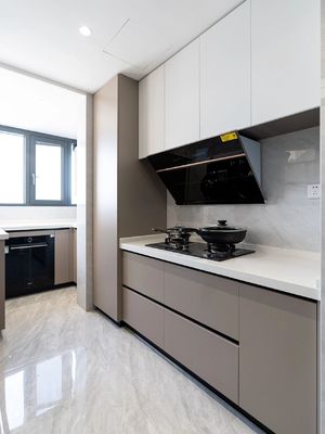 Contemporary HPL Fireproof Kitchen Cabinet Set with Brass and Soft Closing Sliders Blum Hinges