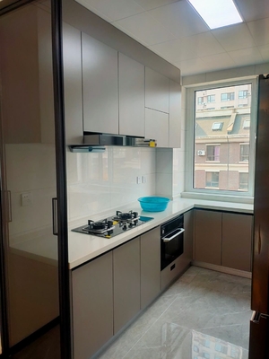 Modern Design Melamine Finish With Quartz Stone Waterfall Island Kitchen Cabinet