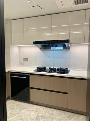 Modern Design Melamine Finish With Quartz Stone Waterfall Island Kitchen Cabinet