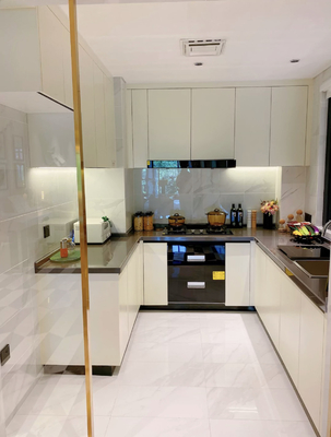 Modern Design Melamine Finish With Quartz Stone Waterfall Island Kitchen Cabinet