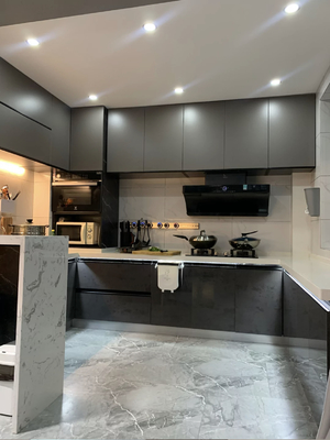 Modern Design Melamine Finish With Quartz Stone Waterfall Island Kitchen Cabinet