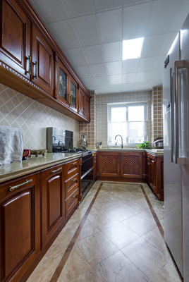 Wood Grain Kitchen Cabinet Slab Door Panel Cupboard With Quartz Countertop