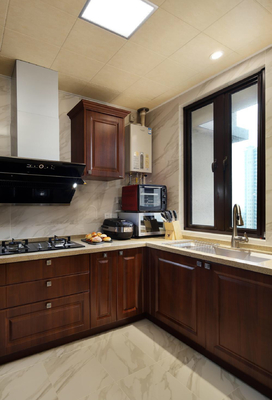 Wood Grain Kitchen Cabinet Slab Door Panel Cupboard With Quartz Countertop