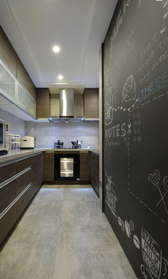 Wood Grain Kitchen Cabinet Slab Door Panel Cupboard With Quartz Countertop