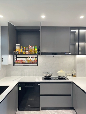 Wood Grain Laminate And White Finish Color Mixed Kitchen Cabinet