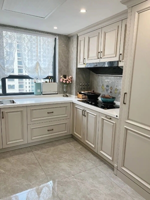 Wood Grain Laminate And White Finish Color Mixed Kitchen Cabinet