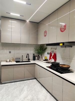 Three Section Track Linear Style Wood Kitchen Cabinet Wooden Cupboard