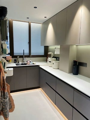 Modern Light Grey Shaker Style Kitchen Cabinet With Dtc Hardware For Hotel