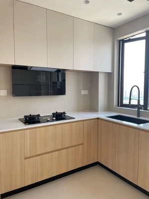 L Shape Melamine Kitchen Cabinet with Quartz Countertop