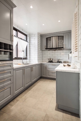 L Shape Plywood Kitchen Cabinets with Quartz Countertop