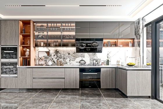 Modern Melamine Kitchen Cabinet with Quartz Countertop