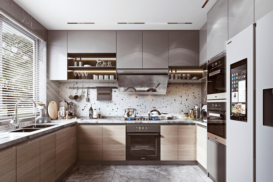 Modern Melamine Finish Kitchen Cabinet with Natural Stone Texture