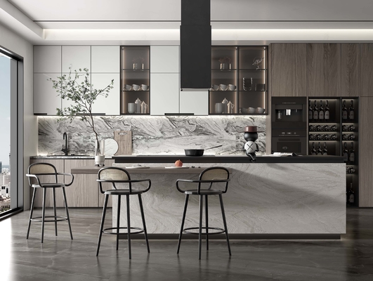 Modern Sintered Stone Kitchen Island with Custom Cabinets