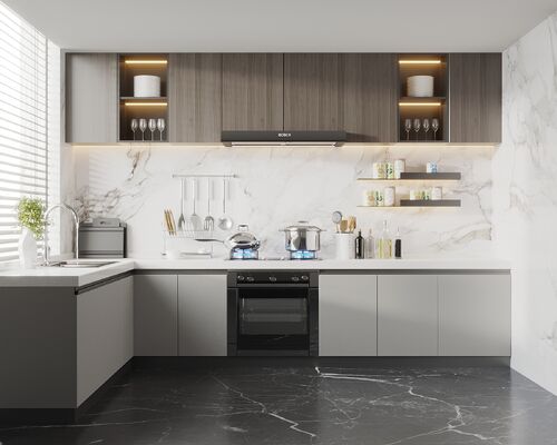 Custom Kitchen Cupboard Cabinets With Wood Panel Design And Melamine Board Doors