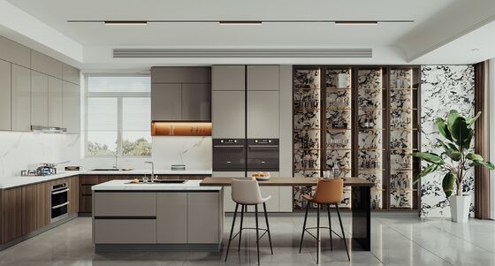 L-Shaped Modular Kitchen Cabinets Wood Grain Matte Lacquer Finish Built-In